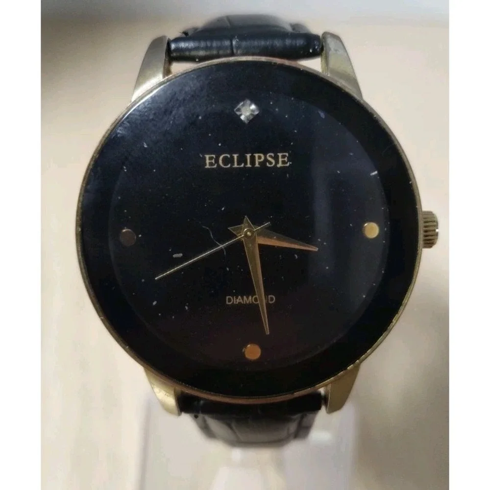 Eclipse‎ Black Diamond Dial Gold Tone Case Black Strap Japan Quartz Movement
